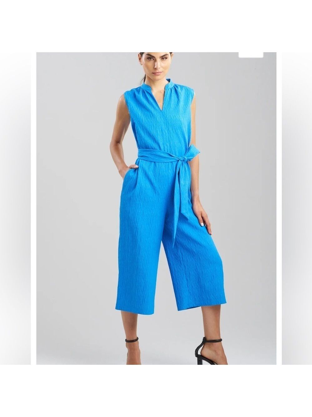 Natori Textured Jacquard Mandarin Blue Jumpsuit Medium